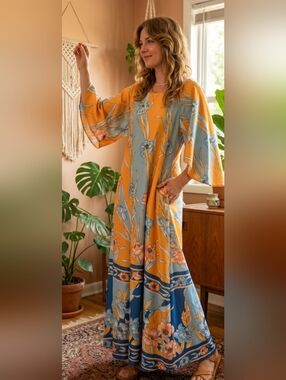 VTG 70s Butterfield 8 Floral Maxi Dress Angel Sleeve Boho Pockets Medium